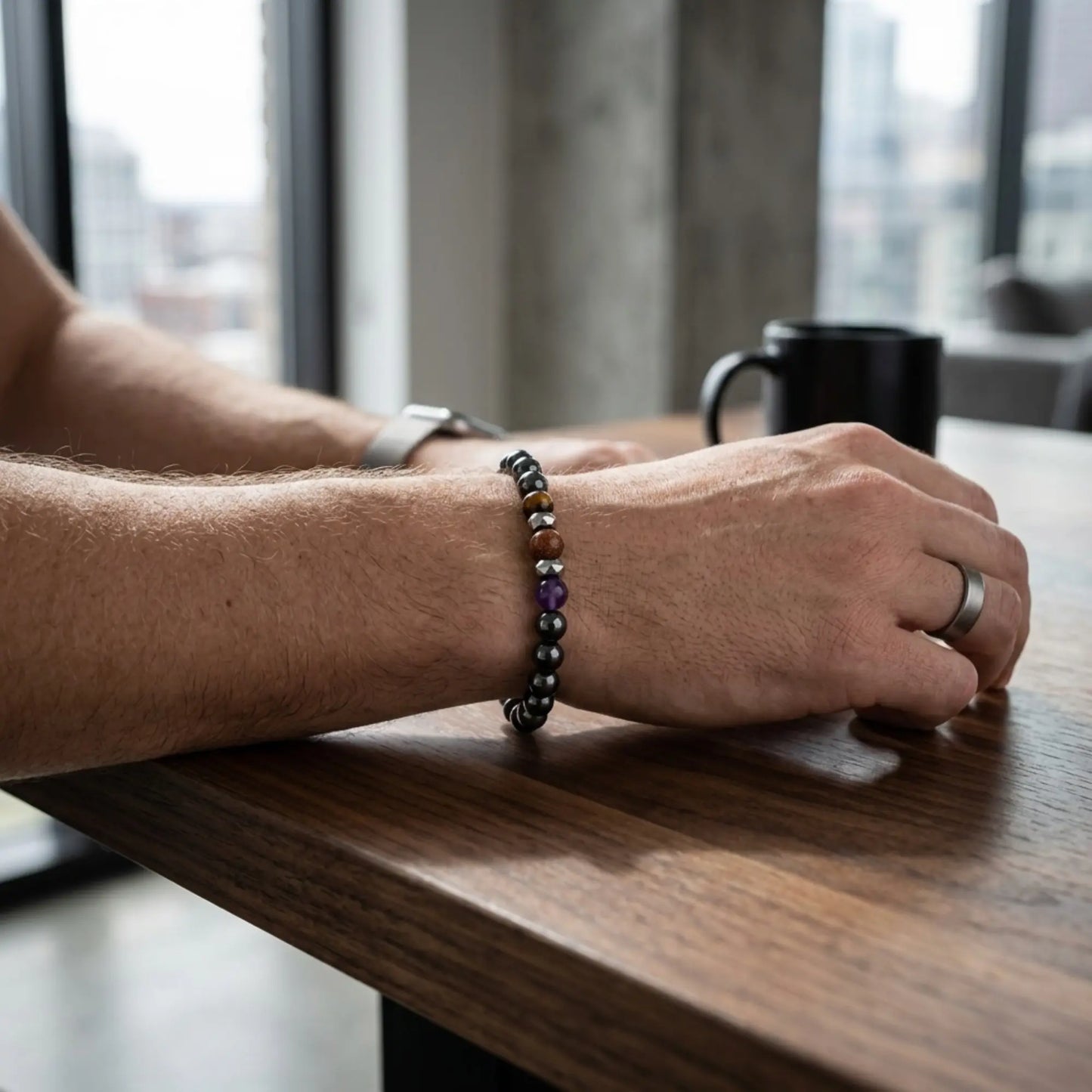 Bracelet Lapis porté au poignet dans un environnement moderne et apaisant
