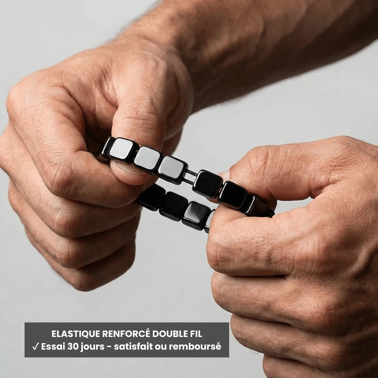 Test résistance bracelet hématite Kynstone - élastique renforcé double-fil - ajustable 16-21cm - garantie satisfait 30 jours
