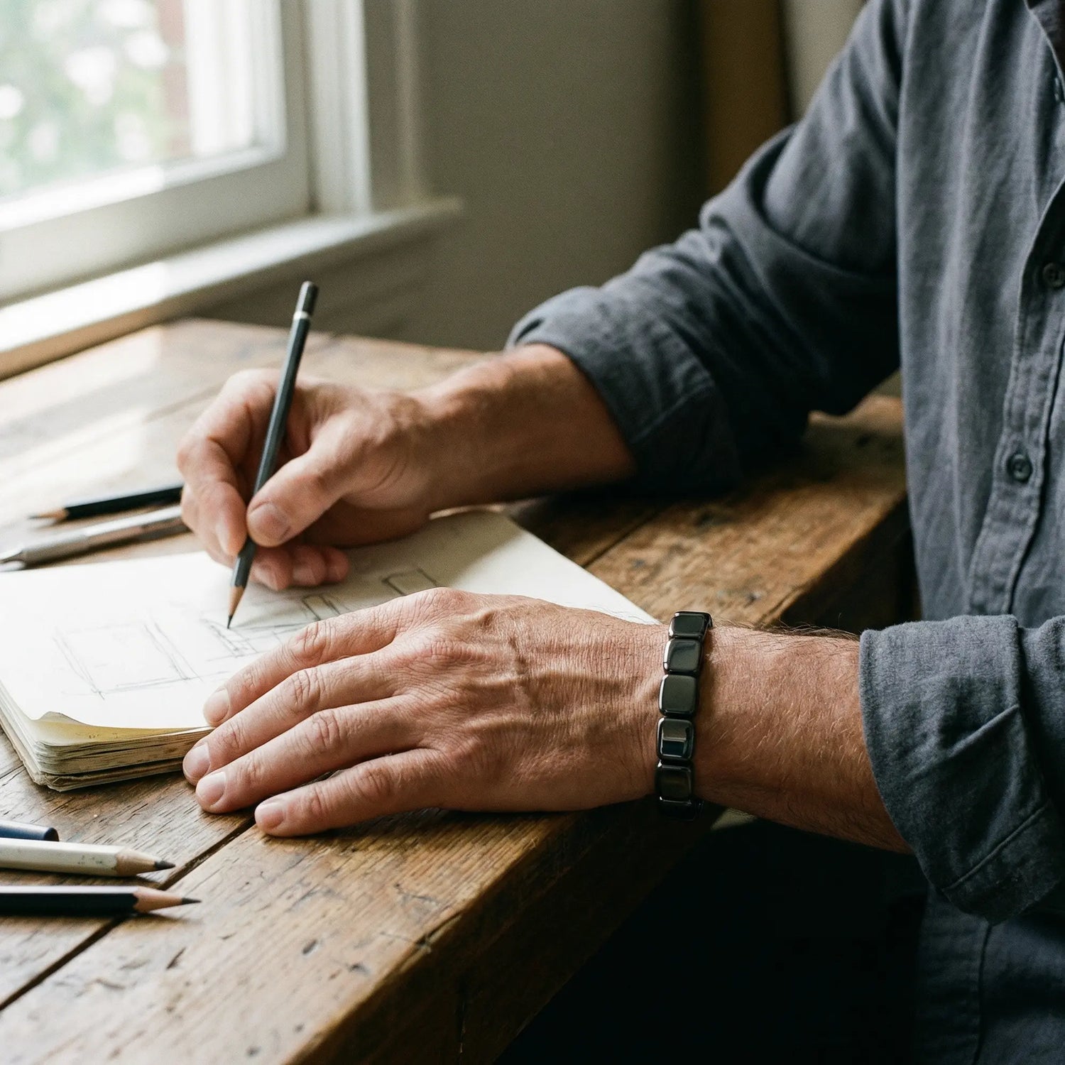 Homme d'affaires portant bracelet hématite au bureau - Style professionnel discret et élégant