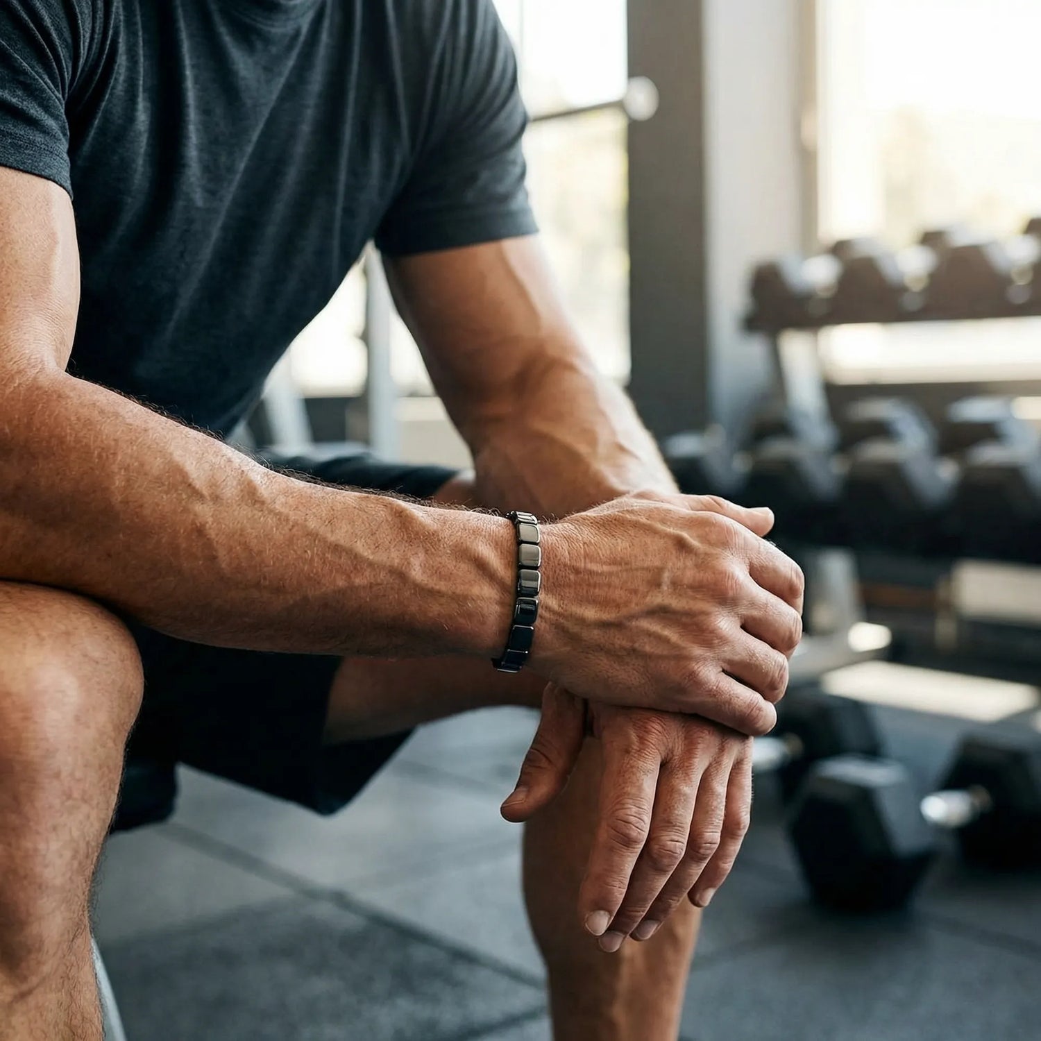 Homme sportif mature portant bracelet hématite après entraînement - Force masculine et durabilité