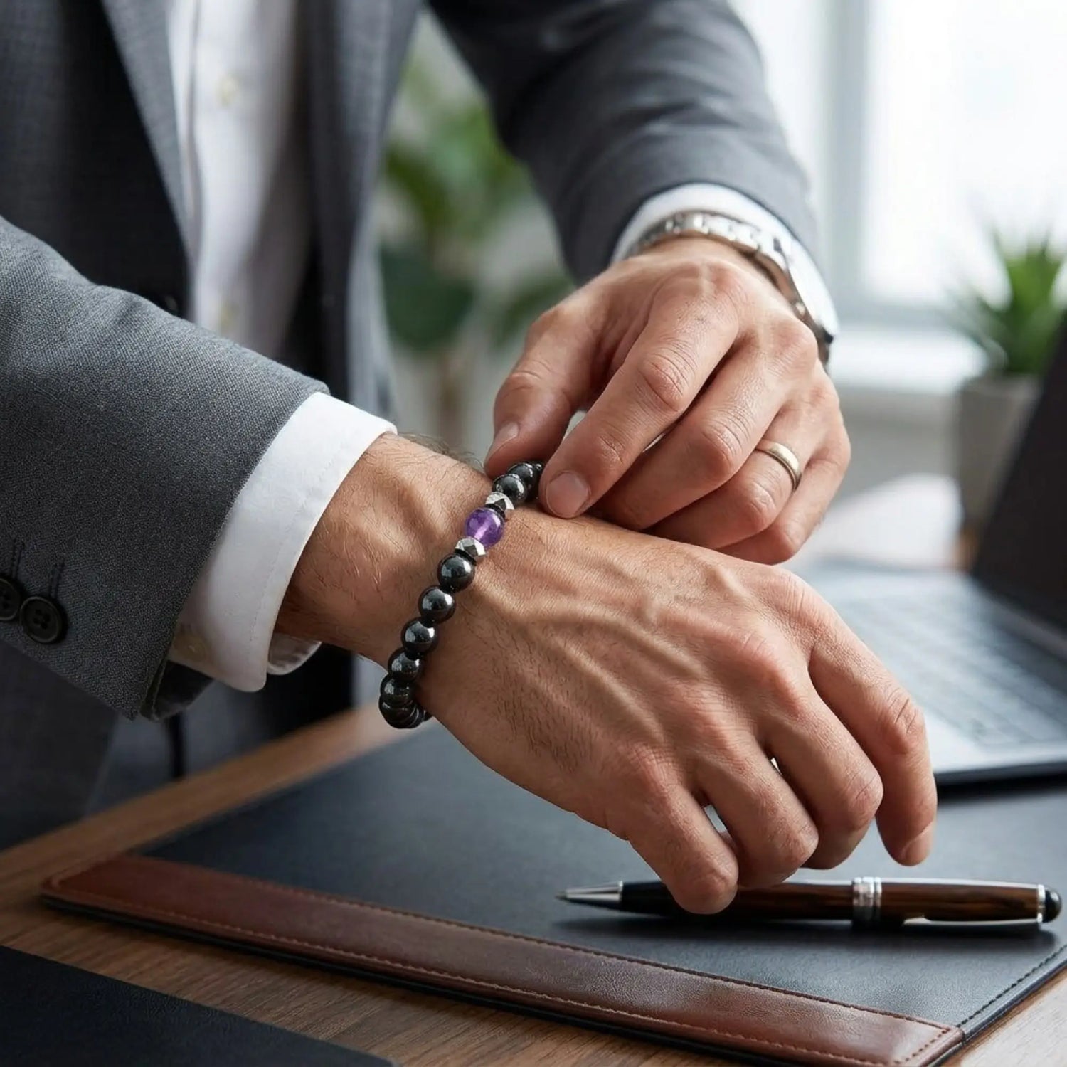 Bracelet Lapis avec pierre violette porté par un homme en tenue professionnelle