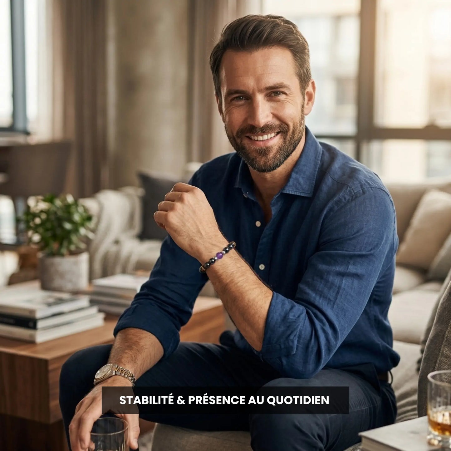Homme portant le bracelet Lapis symbole de stabilité et présence au quotidien