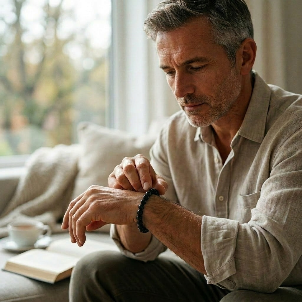 Homme portant le bracelet Nox dans une ambiance calme et relaxante