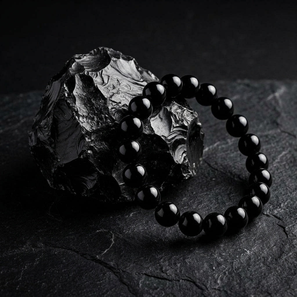 Bracelet Nox en pierre noire présenté sur une roche sombre élégante