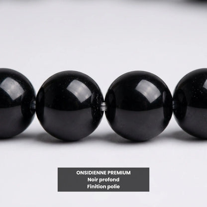 Gros plan sur les perles premium du bracelet Nox en obsidienne noire