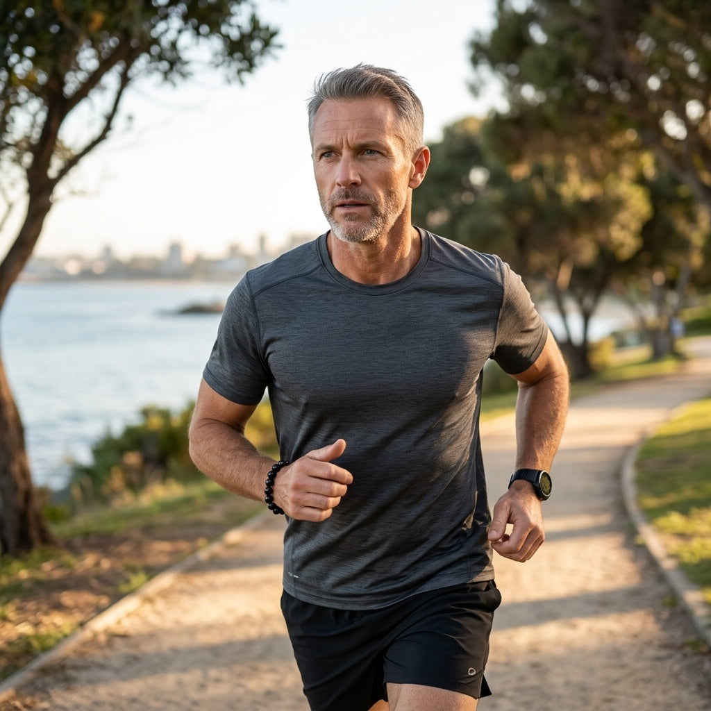 Homme faisant son jogging avec le bracelet Nox dans un parc au coucher du soleil