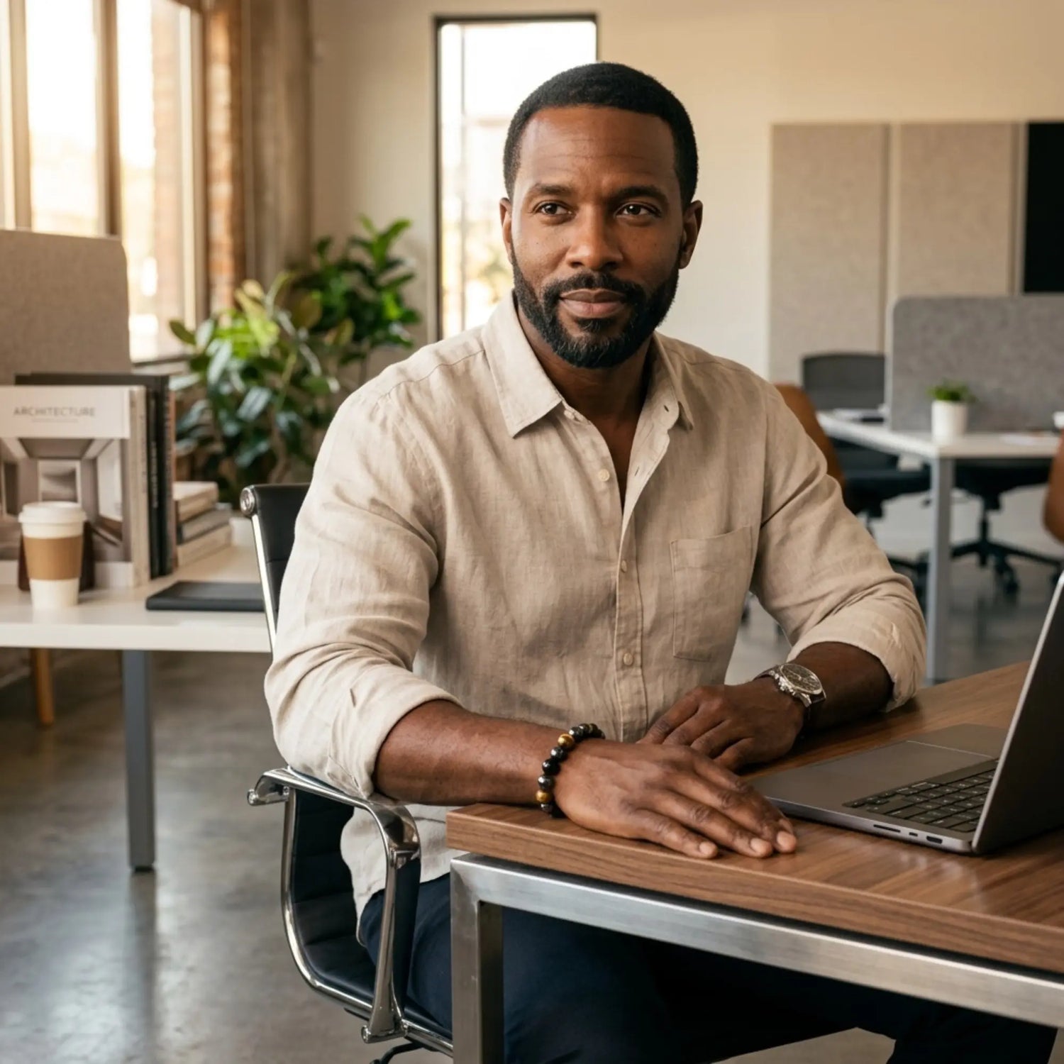 Homme afro-américain portant le bracelet Sol dans un espace de travail moderne