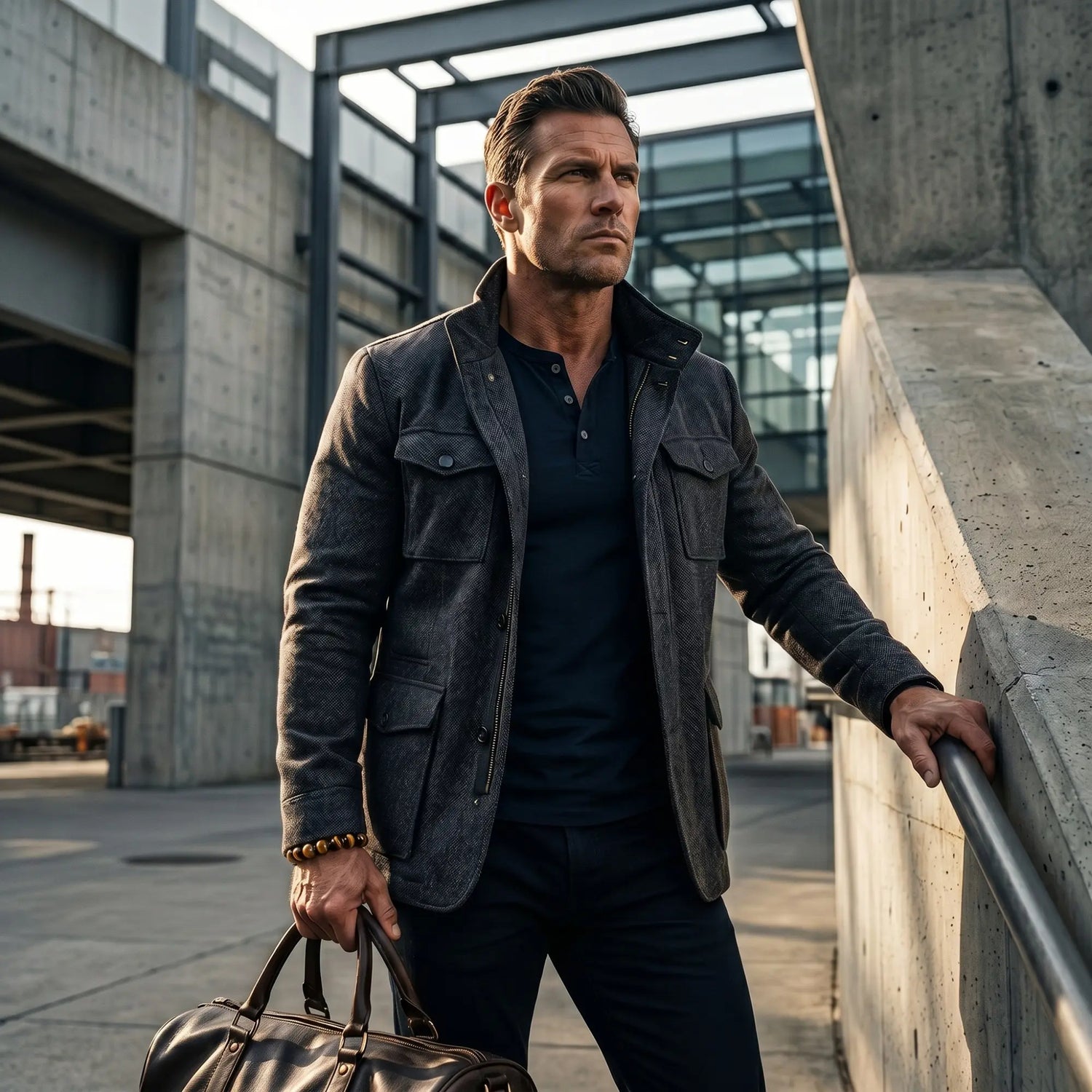 Homme élégant en ville portant le bracelet Sol avec tenue moderne