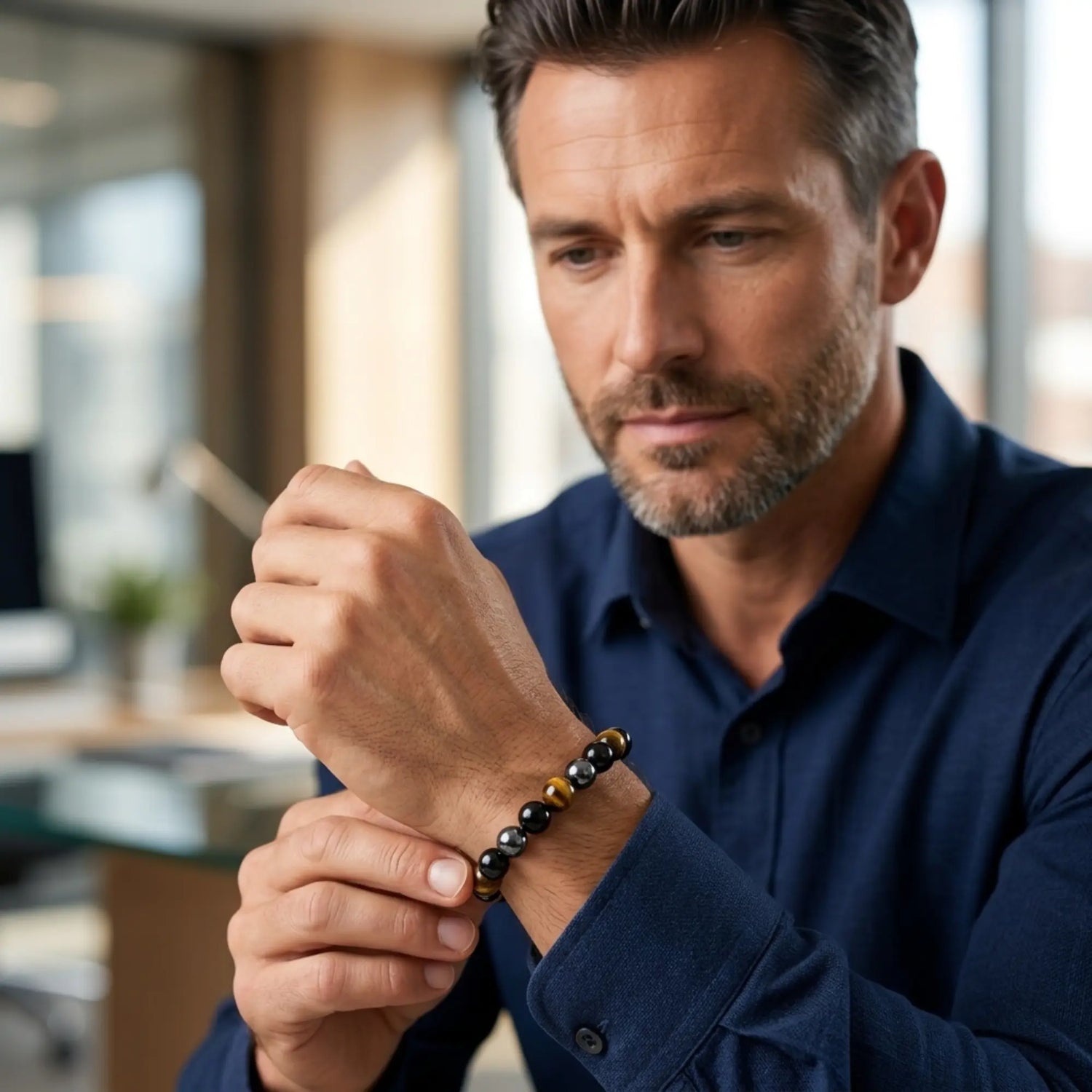 Gros plan élégant sur le bracelet Trinity porté avec une tenue habillée