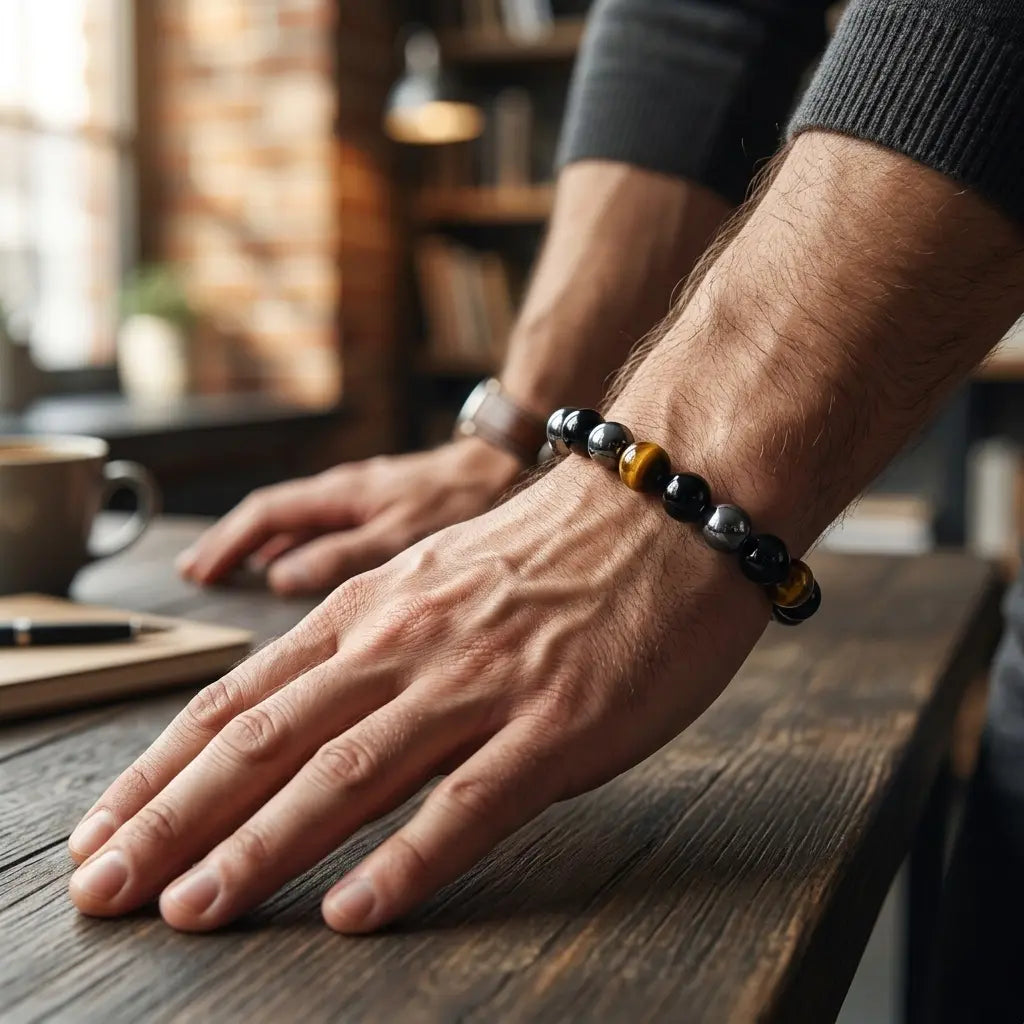 Bracelet Trinity en œil de tigre, obsidienne et hématite porté au poignet