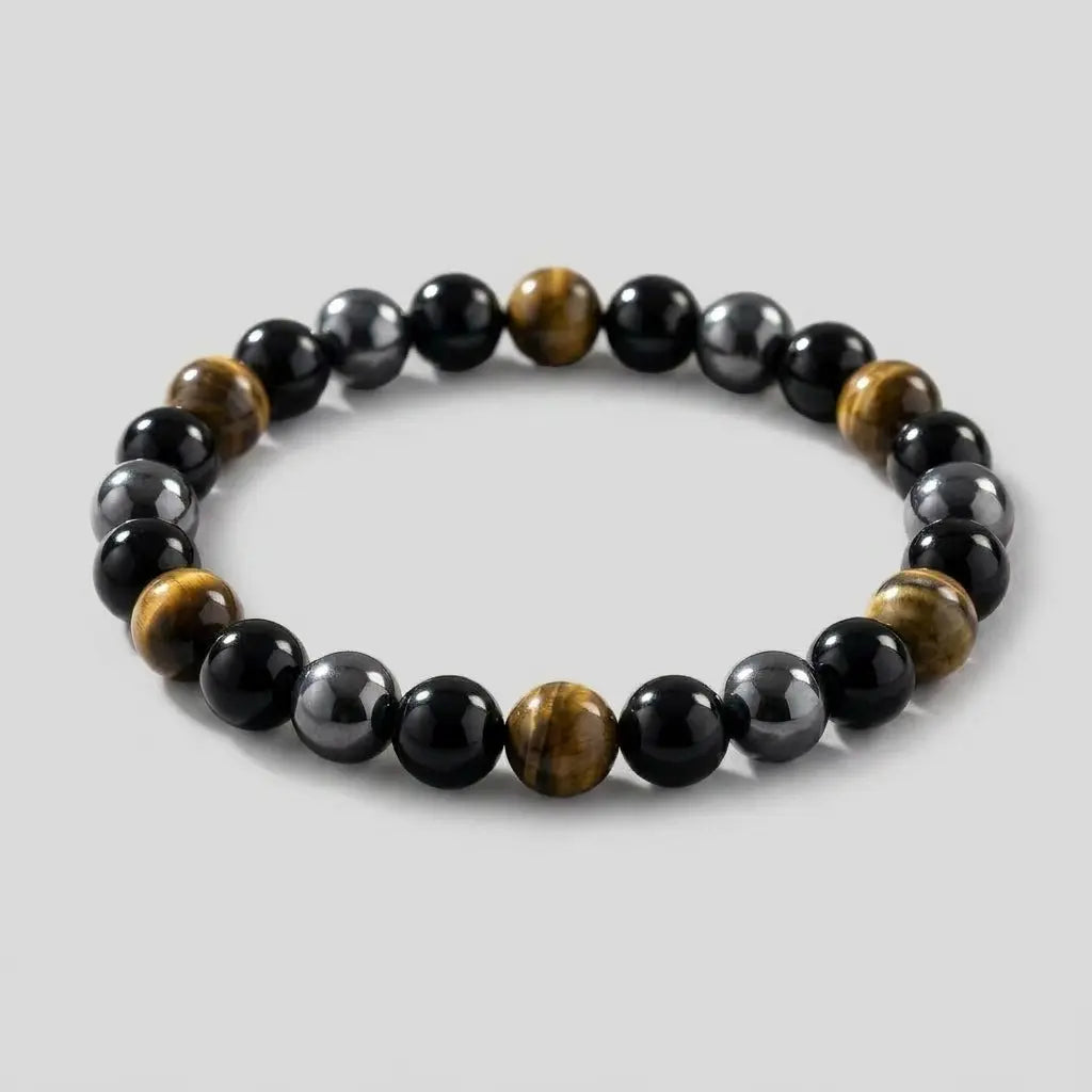 Bracelet Trinity Kynstone en œil de tigre, obsidienne et hématite naturelles pour homme.