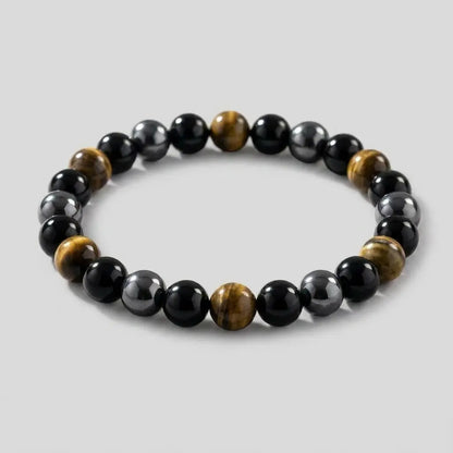 Bracelet Trinity Kynstone en œil de tigre, obsidienne et hématite naturelles pour homme.