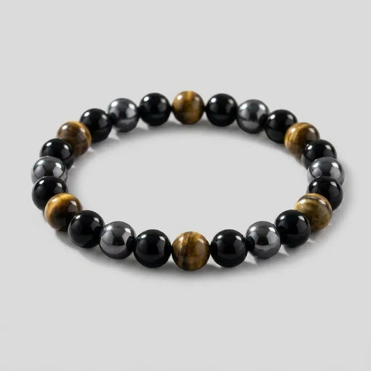 Bracelet Trinity Kynstone en œil de tigre, obsidienne et hématite naturelles pour homme.