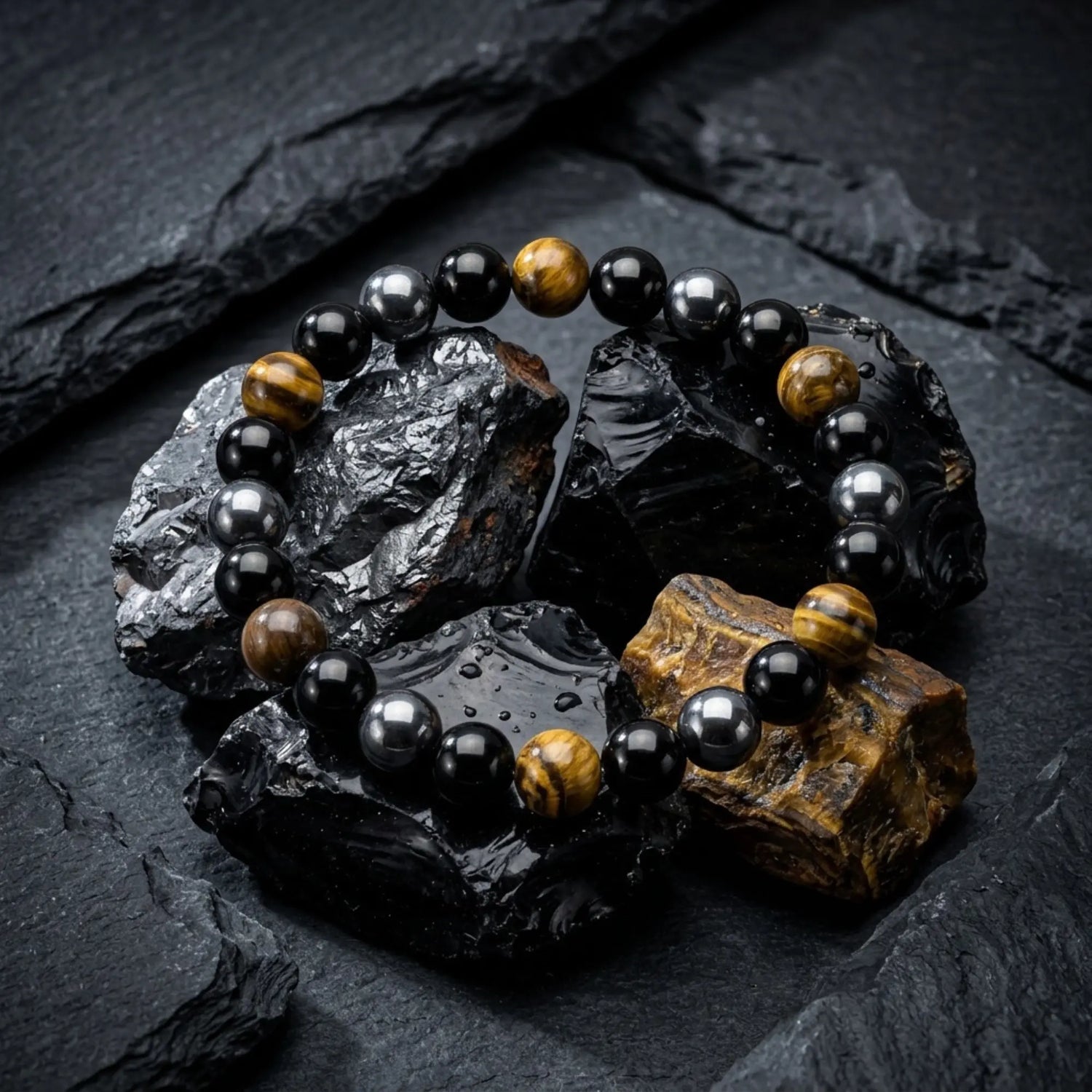 Bracelet Trinity en pierres naturelles noires et œil de tigre sur roche minérale
