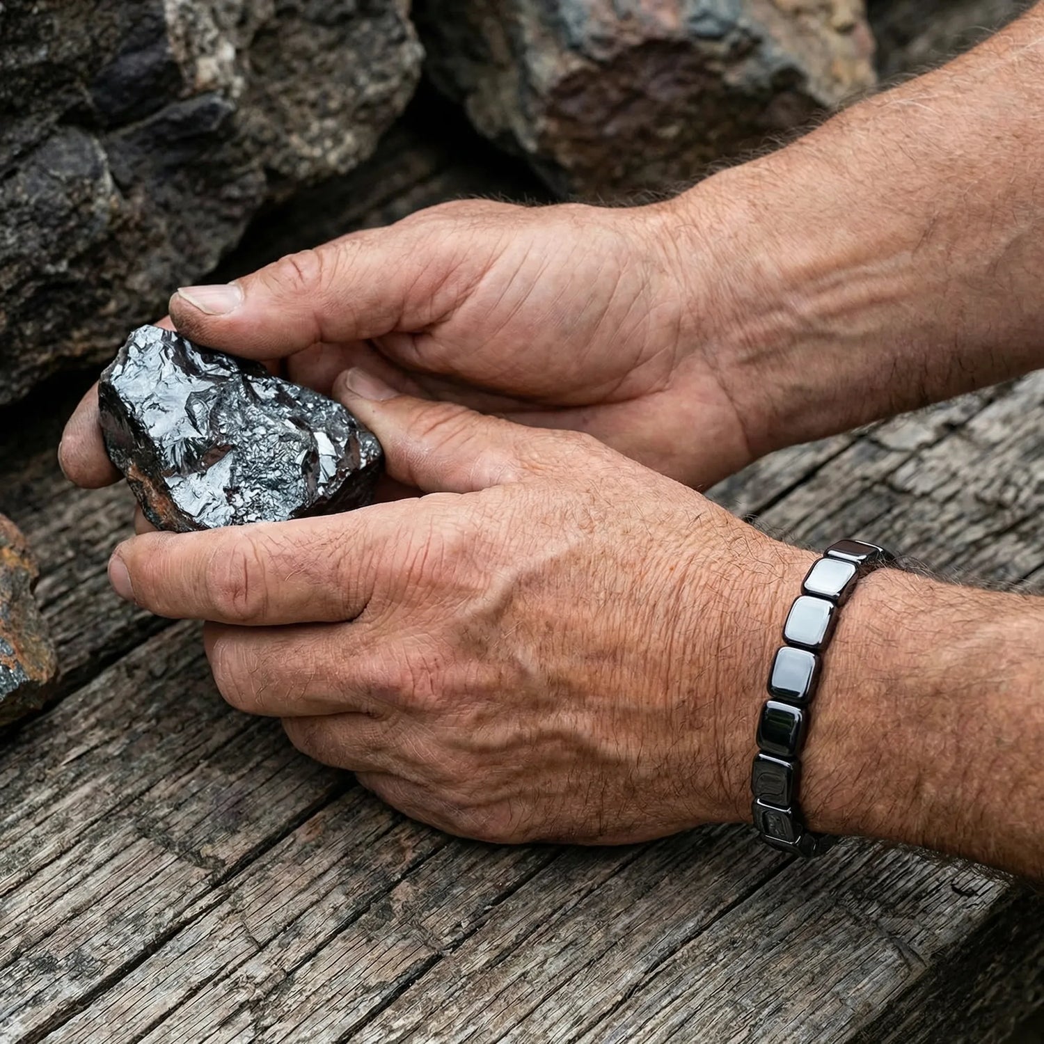Pierre hématite brute et bracelet fini - Matière naturelle authentique 70% fer