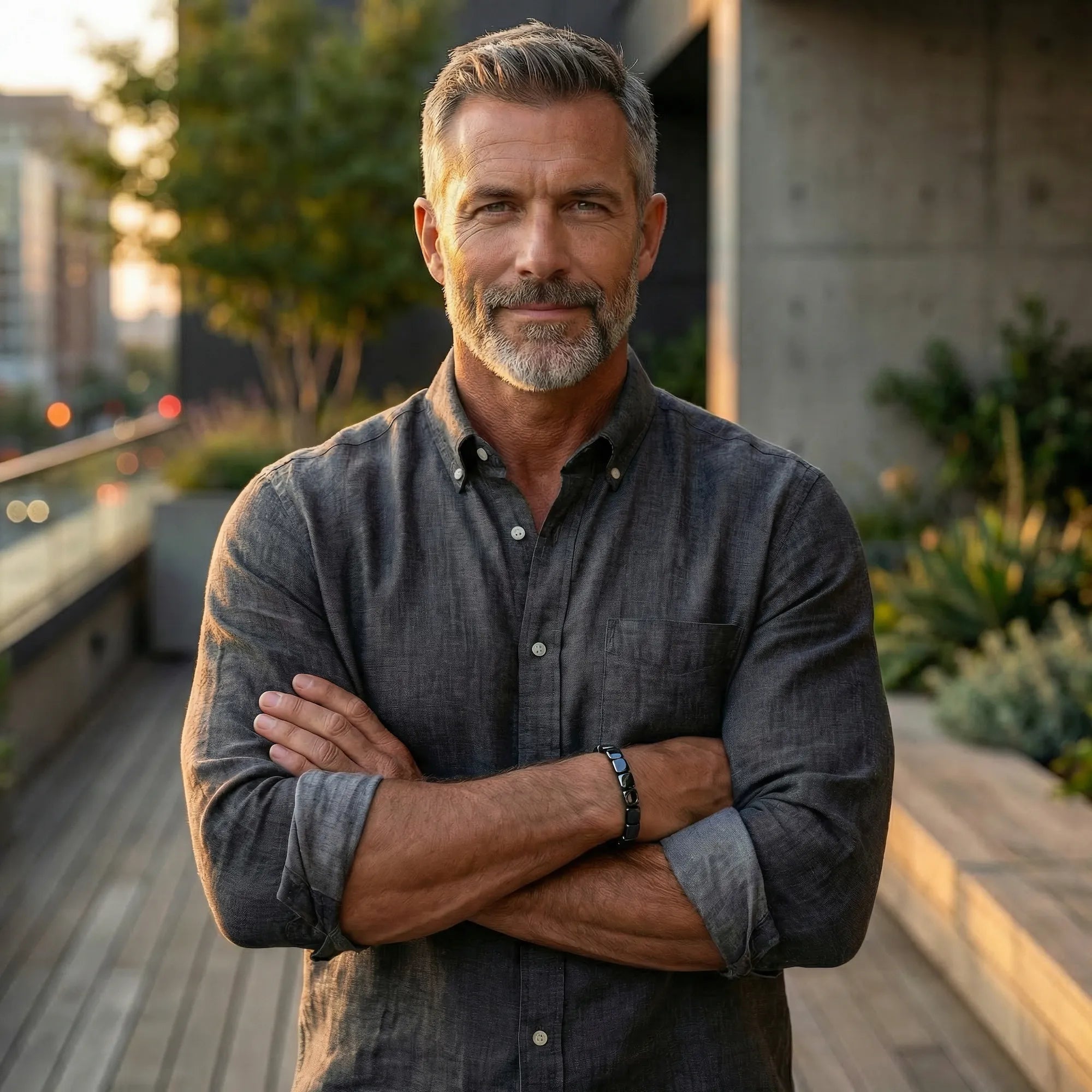 Homme mature confiant portant bracelet hématite Kynstone - La force tranquille masculine moderne