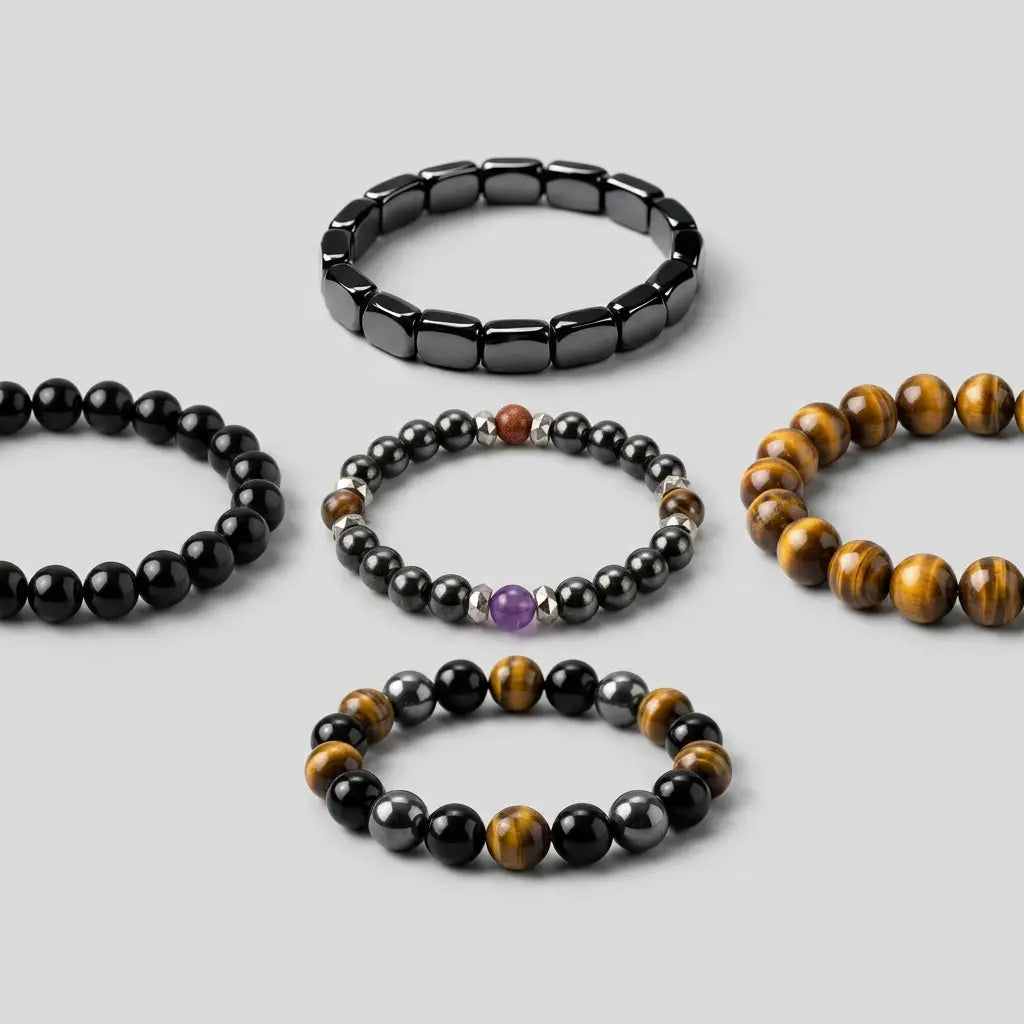 Pack Duo Kynstone avec bracelets en pierres naturelles pour homme : hématite, œil de tigre, obsidienne et améthyste.