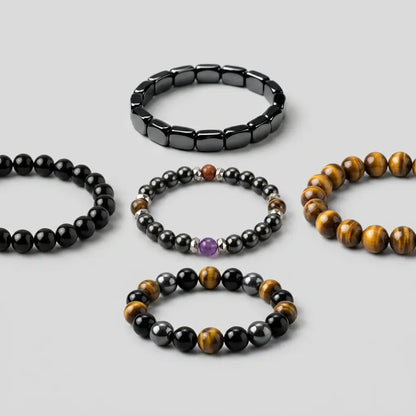 Pack Duo Kynstone avec bracelets en pierres naturelles pour homme : hématite, œil de tigre, obsidienne et améthyste.