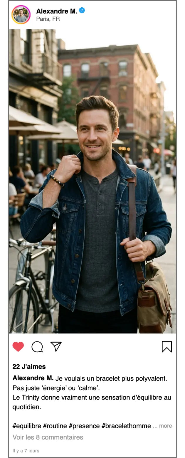 Témoignage client Alexandre M portant le bracelet Trinity 3 pierres dans un look urbain masculin pour retrouver équilibre et présence