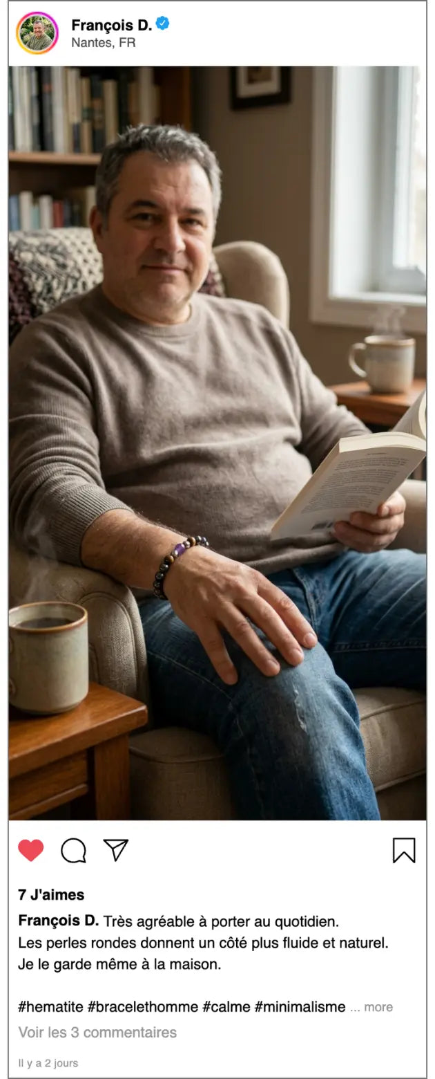Témoignage client François D avec bracelet Lapis en hématite ronde pour homme apportant calme et stabilité au quotidien