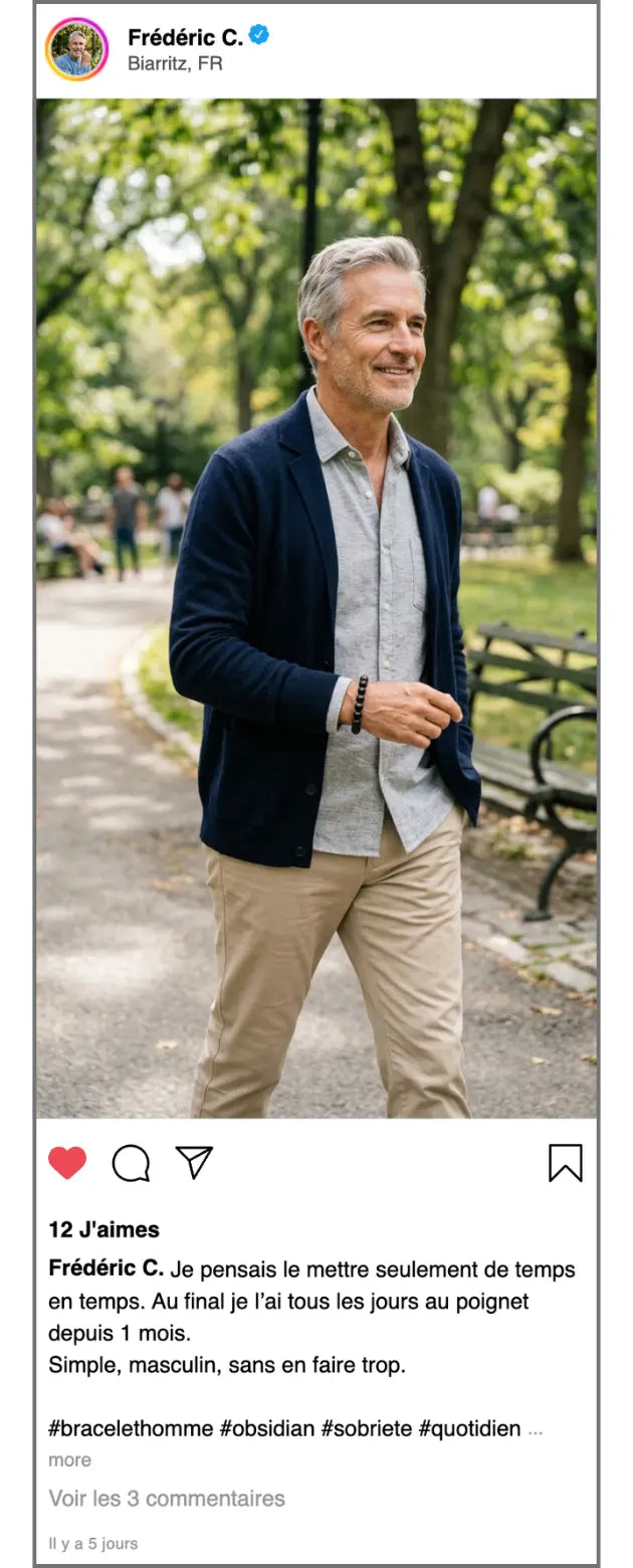 Témoignage client Frédéric C portant le bracelet Nox en obsidienne avec un style masculin sobre et élégant au quotidien