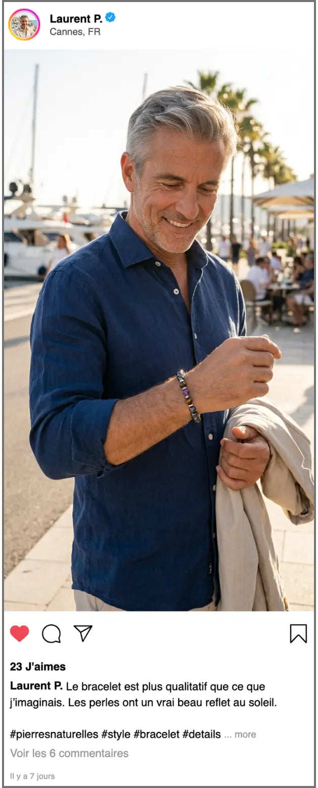 Témoignage Instagram Laurent P portant le bracelet Lapis en hématite naturelle pour homme avec style élégant et pierres rondes