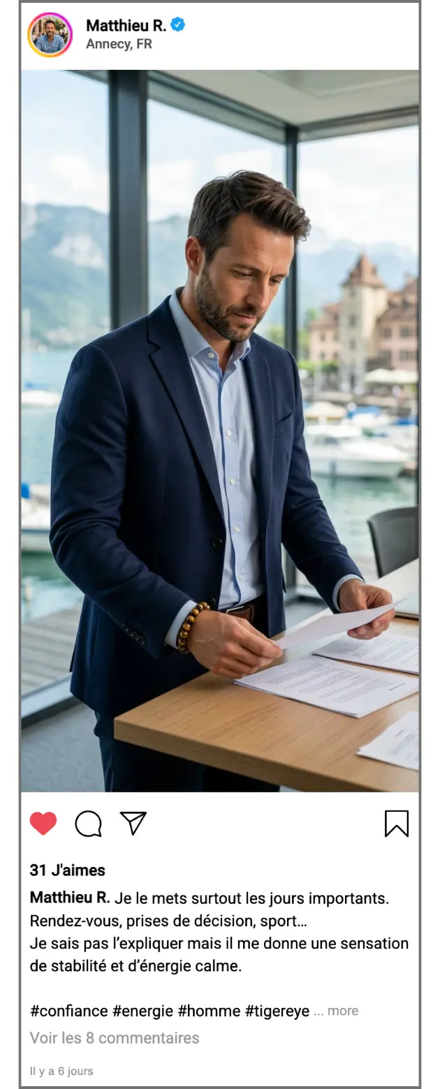 Témoignage client Matthieu R avec bracelet Sol en oeil de tigre pour homme apportant stabilité et confiance dans les décisions importantes