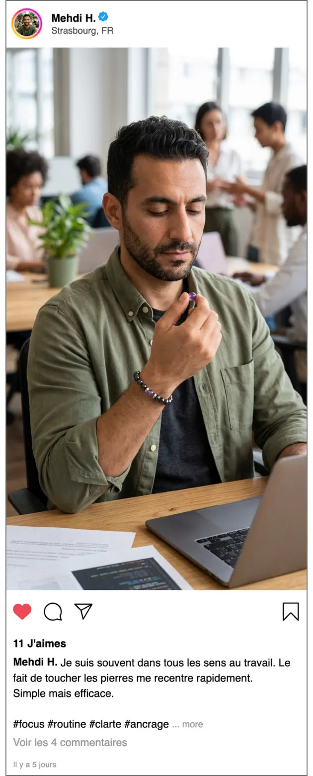 Témoignage Instagram Mehdi R portant le bracelet Lapis en hématite naturelle au bureau pour améliorer concentration et recentrage