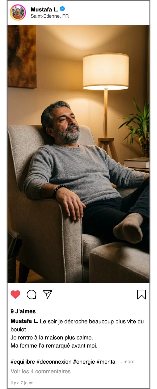 Témoignage client Mustafa L utilisant le bracelet Nox en obsidienne pour déconnecter du travail et retrouver un esprit plus calme à la maison
