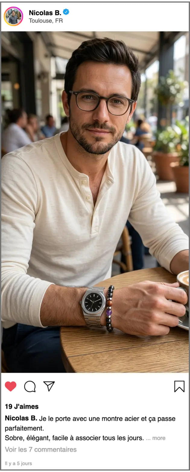 Témoignage client Nicolas B avec bracelet Lapis homme porté avec une montre acier dans un style sobre et masculin
