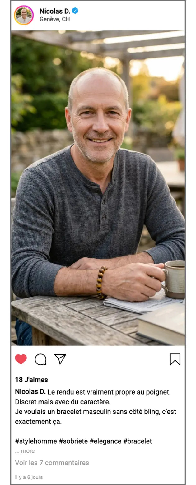 Témoignage Instagram Nicolas D portant le bracelet Sol en oeil de tigre avec un style masculin discret et élégant au quotidien