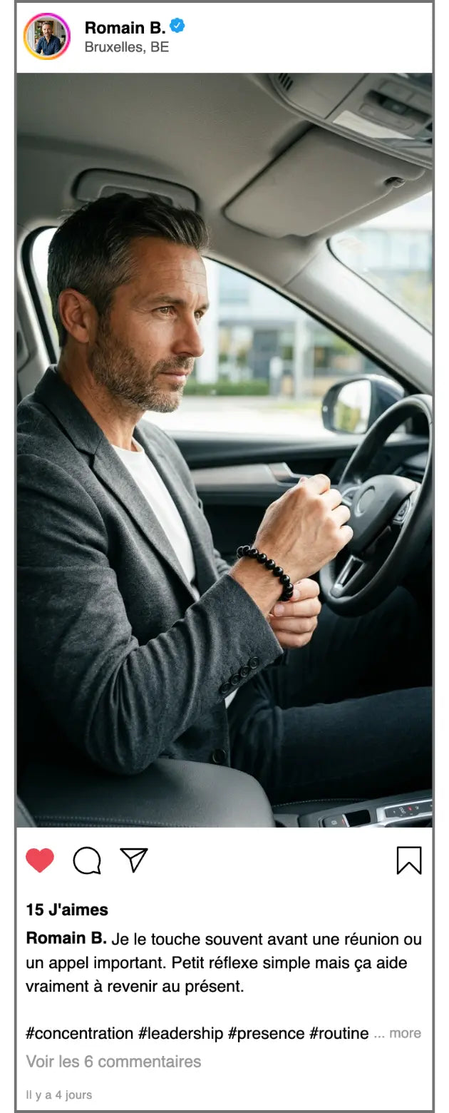 Témoignage Instagram Romain B portant le bracelet Nox en obsidienne avant une réunion importante pour retrouver concentration et présence