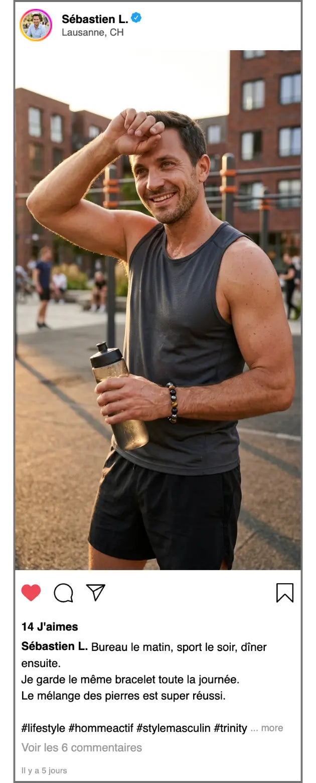 Témoignage Instagram Sébastien L portant le bracelet Trinity 3 pierres pendant une séance de sport avec un style masculin actif et équilibré