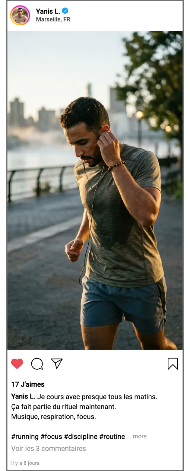 Témoignage Instagram Yanis L portant le bracelet Sol en oeil de tigre pendant son running matinal pour renforcer discipline et focus