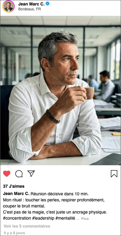 Témoignage client Jean Marc : bracelet hématite homme mature bureau, rituel ancrage avant réunion, concentration et leadership