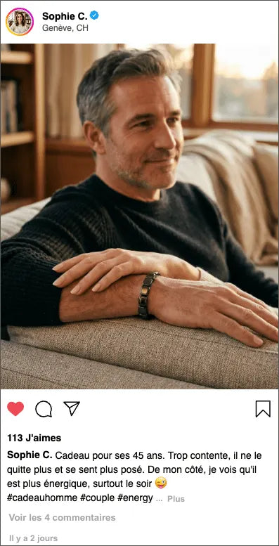 Témoignage Sophie pour cadeau homme 45 ans : bracelet hématite noir, ambiance cosy intérieur, posé et énergique