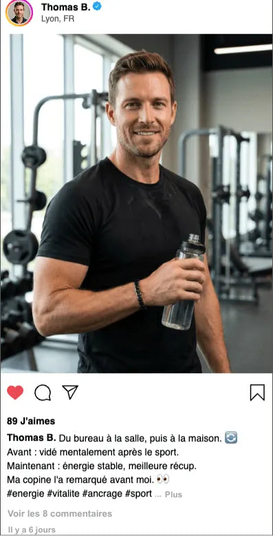 Témoignage client Thomas : bracelet hématite noir homme en salle de sport, amélioration énergie et récupération
